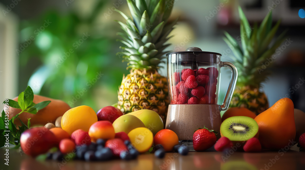 Healthy fresh fruit next to the glass blender bowl. A creative concept for healthy eating. Healthy fresh fruit next to the glass blender bowl. A creative concept for healthy eating.
