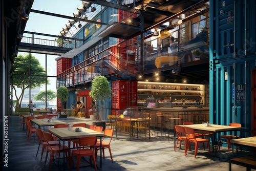 3D illustration of a cafe and restaurant inside a shipping container. Generative AI