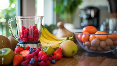 Healthy fresh fruit next to the glass blender bowl. A creative concept for healthy eating. 