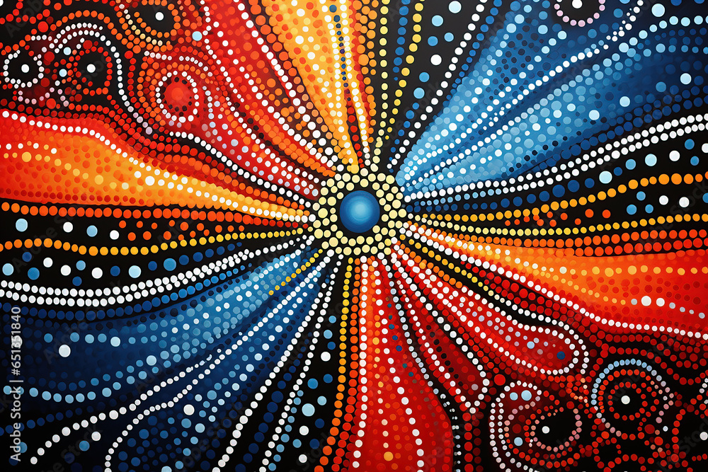 Australian Aboriginal dot painting style art with people and landscape. - obrazy, fototapety, plakaty 