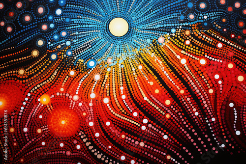 Australian Aboriginal dot painting style art landscape.