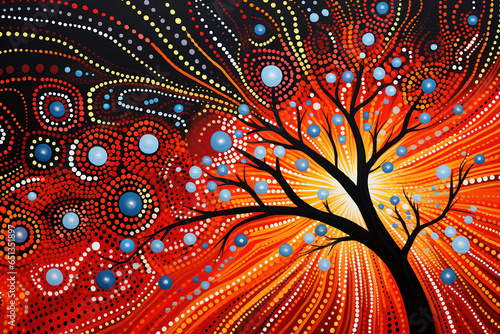 Australian Aboriginal dot painting style art landscape.