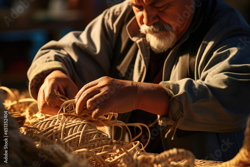 A basket weaver skillfully creating a sturdy and beautiful basket. Generative Ai.