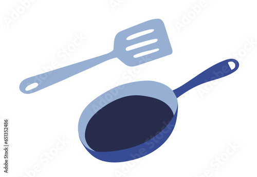 Frying pan and spatula editable illustration kitchen utensils vector sketch