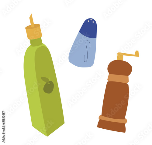 Seasoning vector illustration oil bottle, salt and pepper editable sketch
