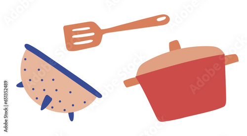 Pot and colander with turner spatula vector illustration editable sketch kitchen utensils photo