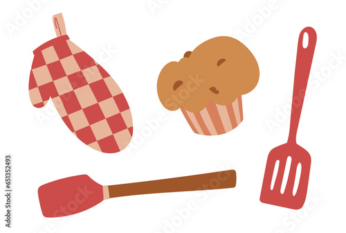 Cupcake, spatula and oven gloves editable vector illustration kitchen essentials sketch