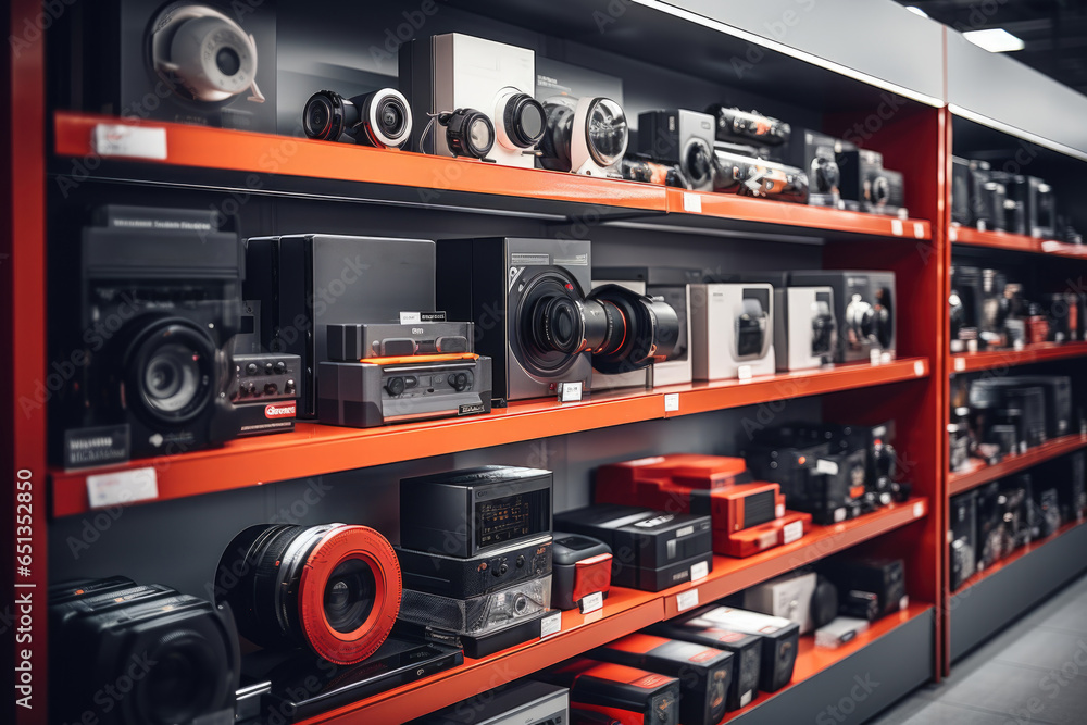 Fototapeta premium Shelves stocked with discounted electronics and gadgets, attracting tech-savvy consumers. Generative Ai.