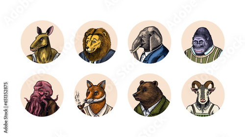 Grizzly Bear, Octopus, t-rex dinosaur, Elephant, Indian cobra snake, Fox with a smoking pipe, lion, Monkey scientist Goat with beer. Gentleman Fashion animal character in a suit. Hand drawn sketch.