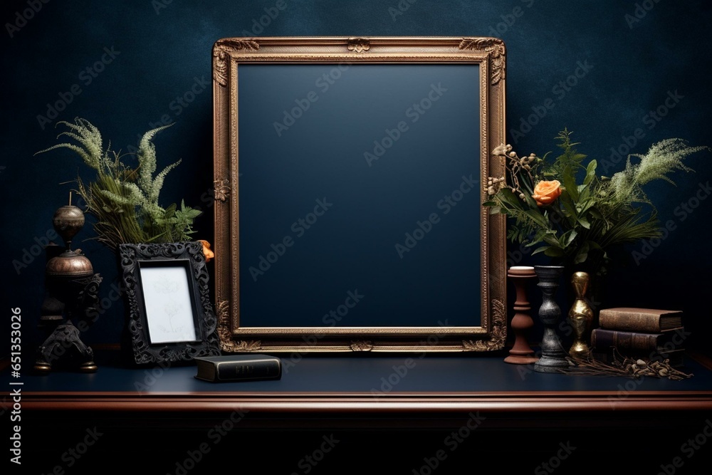 a desk with a blank frame, objects, supplies, books, and plant on a dark blue background. Generative AI