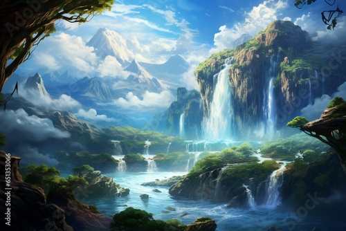 A beautiful realm with flowing waterfalls and wispy clouds. Generative AI