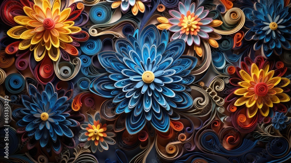 Psychedelic flower background, swirling, kaleidoscopic colors, filligree, paper quilling style Psychedelic flower background, swirling, kaleidoscopic colors, filligree, paper quilling style