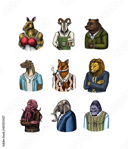 Grizzly Bear, Octopus, t-rex dinosaur, Elephant, Indian cobra snake, Fox with a smoking pipe, lion, Monkey scientist Goat with beer. Gentleman Fashion animal character in a suit. Hand drawn sketch.