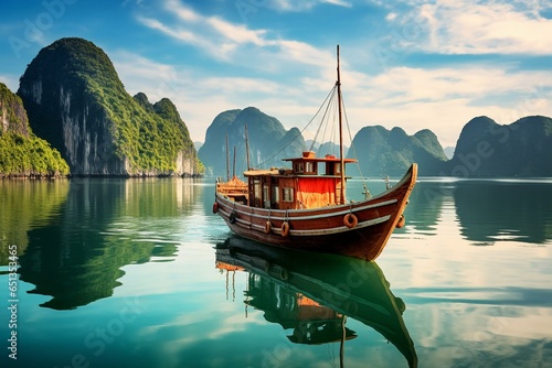 Astonishing scenery of a village and island in Halong Bay, Vietnam – a UNESCO World Heritage Site. Serene junk boat cruise to the popular landmark. Generative AI photo