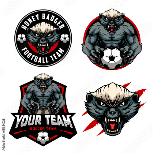 Football Soccer Club Emblem Badge Logo design with a mascot combination of a honey badger head and half a body. set of logo combinations