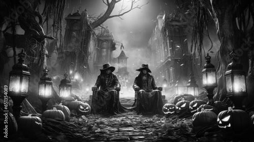 Halloween Pumpkin Haunted Mansion House Spooky Ghost Trick Or Treat Jack O Lantern Costume Party Scene Black And White