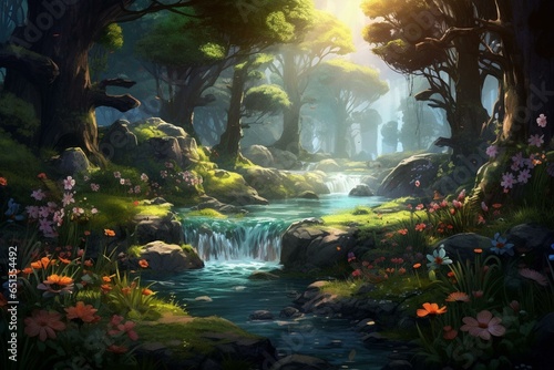 A captivating digital artwork depicting an enchanting forest landscape with a magical and fantasy ambiance. Generative AI