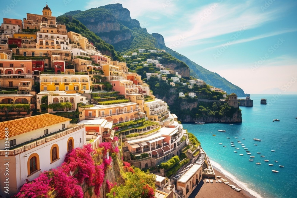 Stunning Positano village set in scenic Amalfi Coast, Italy. Generative AI