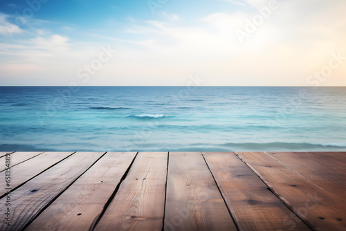 Wooden empty table in front of the ocean and sky. For copy space text