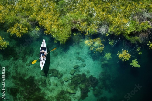 Bird's-eye view of an empty kayak floating on lush water. Generative AI