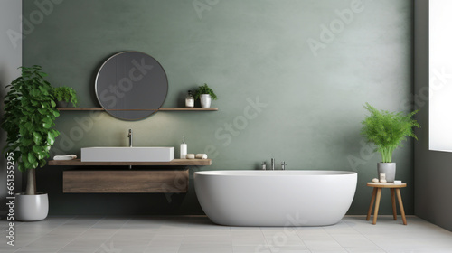 Interior of modern bathroom with white walls  tiled floor  wooden bathtub and round mirror. 3d rendering. Ai generative.