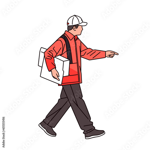 Courier person vector icon in minimalistic, black and red line work, japan web