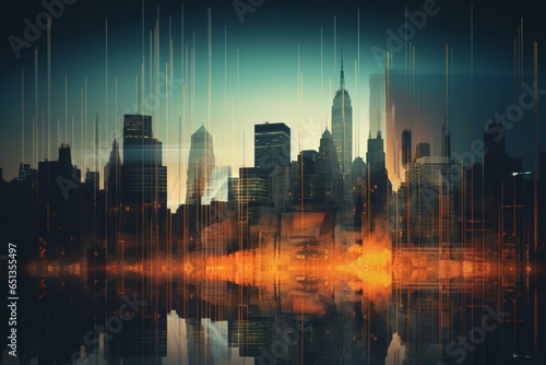 Digital indicators and declining graphs overlap a city backdrop, representing a market crash. Double exposure captures the concept. Generative AI