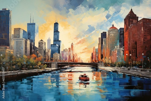 Painting of Chicago cityscape. Generative AI