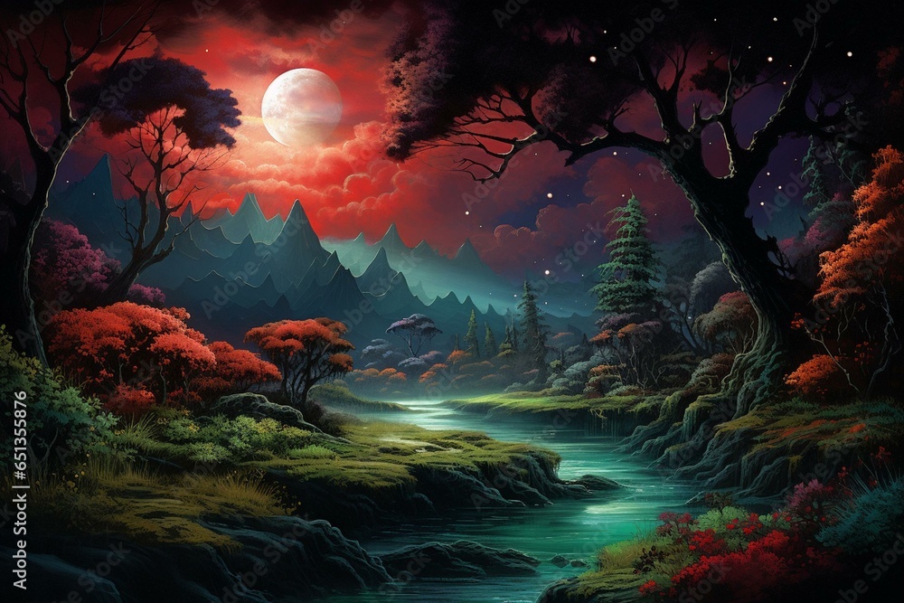 Scenic night view with red, green, and blue moon wallpaper artwork. Generative AI
