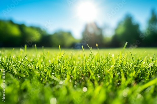 Close-up of grassy lawn under sunny blue sky with selective focus. Generative AI