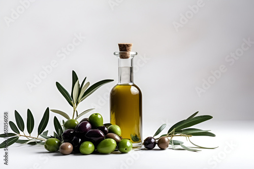 Olive oil. Bottle with olive and natural oil. White background. Copy space