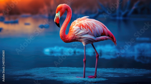 Elegant Waterfowl Flamingo by the Lake with Graceful Pose and Morning Calm