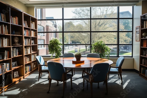 Well-lit meeting space with chairs, desk, and shelves near wide window. Generative AI