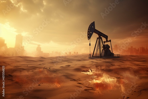 Effect of war on oil prices. Global crisis leads to rising prices. Drilling derricks extract crude oil from desert field. Petroleum production increases. Generative AI