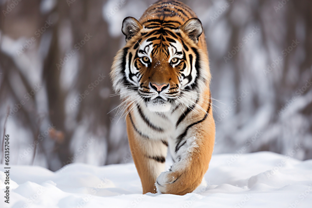Obraz premium Siberian tiger walking in the snow, front shot