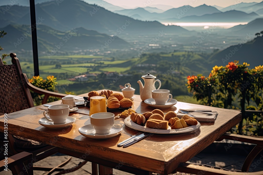 Breakfast with coffee and fresh pastries on the terrace overlooking the mountains - obrazy, fototapety, plakaty 