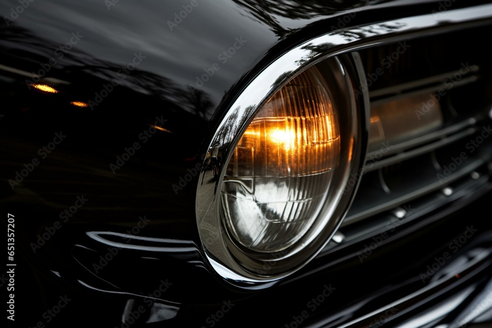 close-up of black car's headlights illuminated by streetlights in front of grey backdrop. Generative AI
