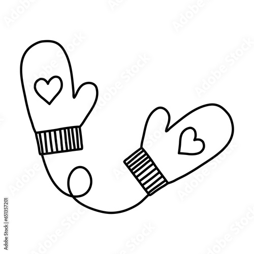 Pair of cute warm knitted mittens with heart pattern, doodle vector outline for coloring book