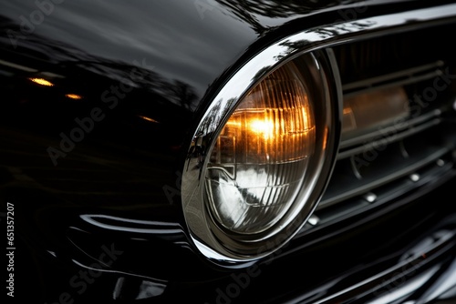 close-up of black car's headlights illuminated by streetlights in front of grey backdrop. Generative AI © Michael