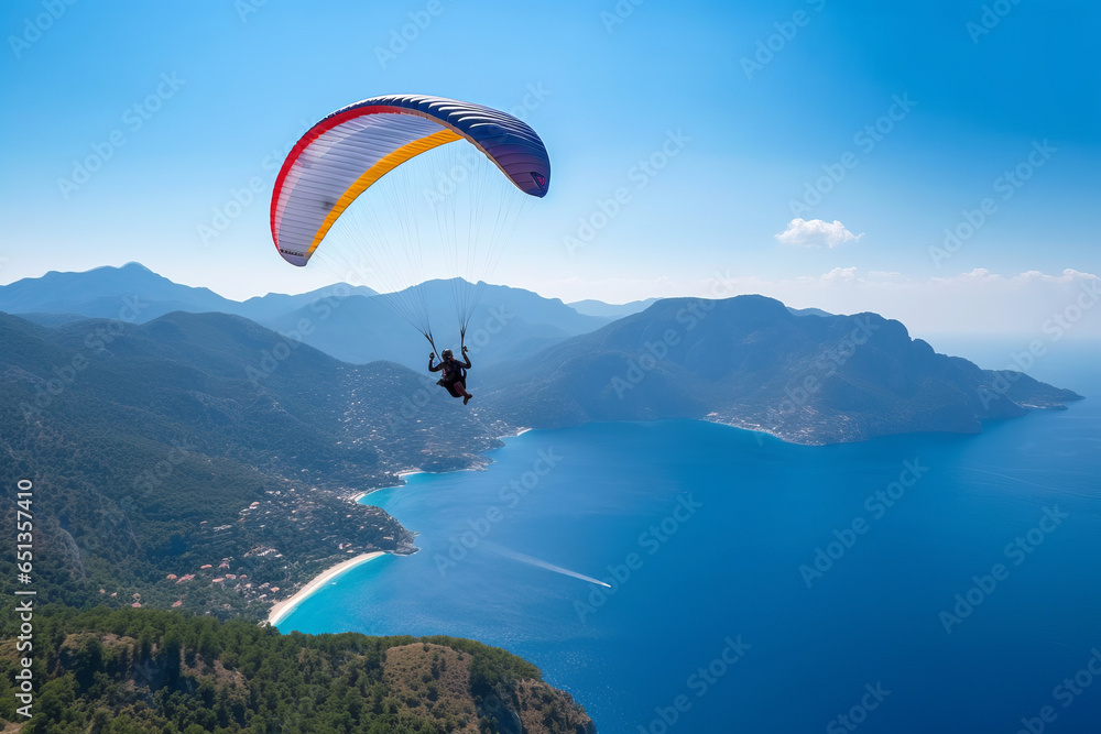 Parachutist during flight with colorful parachute with beautiful view of the bay or city by the sea or ocean with blue cyan water.generative ai
