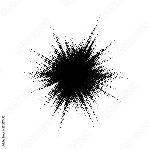 Halftone burst element. Pop art style dotted explosion. Black light starburst with grunge textured effect Abstract retro noise grain shine star flare. Pixelated splash vector illustration