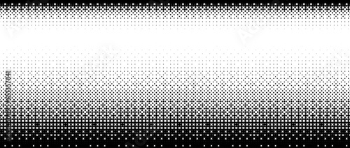 Pixelated bitmap gradient texture. Black and white dither pattern background. 8 bit video game screen wallpaper. Retro glitchy pixel art illustration. Abstract vector wide border