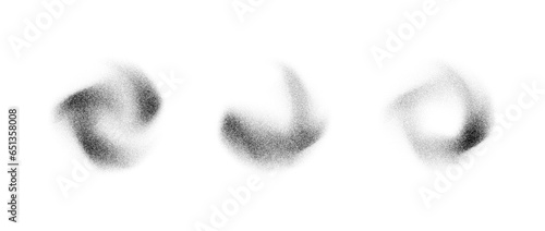 Abstract fluid stippled gradient elements. Noise grain texture stains shape set. Black and white dotted spray shades and sand dust spots. Halftone splatter forms collection. Vector dot work splashes
