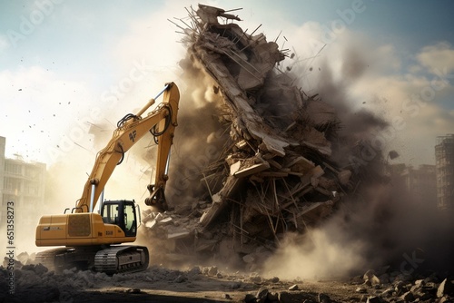 Demolition excavator with crusher on rig. Generative AI photo