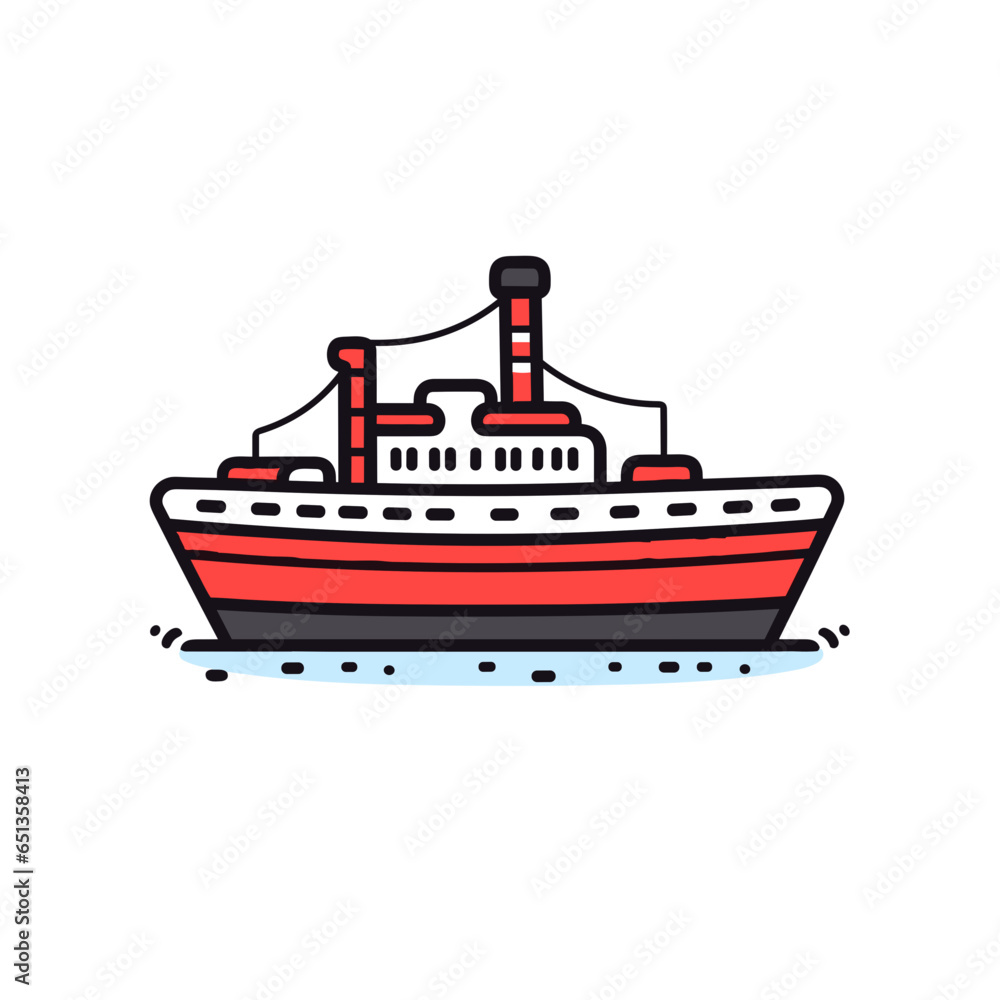 Ship vector icon in minimalistic, black and red line work, japan web
