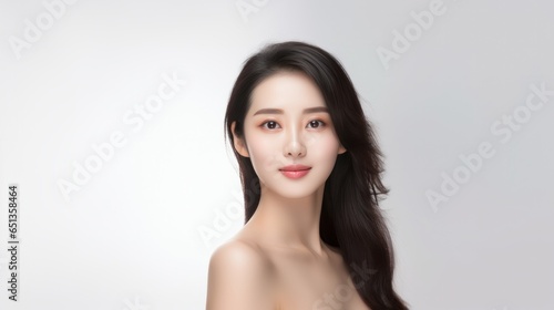Beautiful young asian woman portrait with clean fresh skin on white background, Face care, Facial treatment, Cosmetology, beauty and spa.