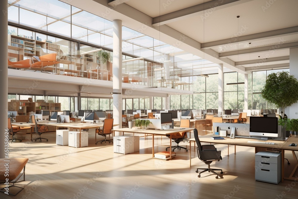 3D rendering showing an open office layout. Generative AI