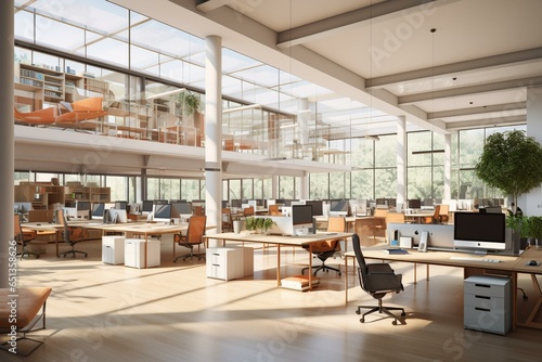 3D rendering showing an open office layout. Generative AI