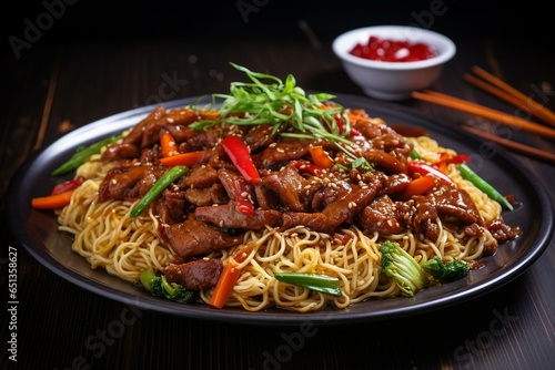 Delicious stir-fried noodles with meat and vegetables. Generative AI