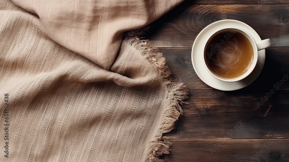 A cup of hot coffee on an old wooden table, seen from above with empty space as a background for words or promotional items. Perfect for winter themed designs, coffee shops and relaxation designs. - obrazy, fototapety, plakaty 